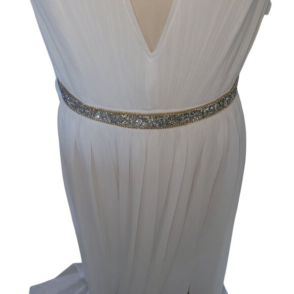 White Sleeveless Deep V-Neck Gown With Gold Glitter Waistband & Pleated Skirt Sm - Picture 3 of 9